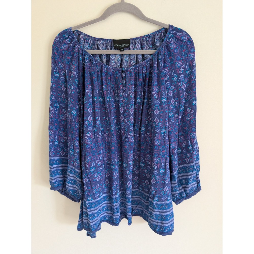 Cynthia Rowley Woman 3X Purple Blue Paisley Floral Boho Blouse Top flowy